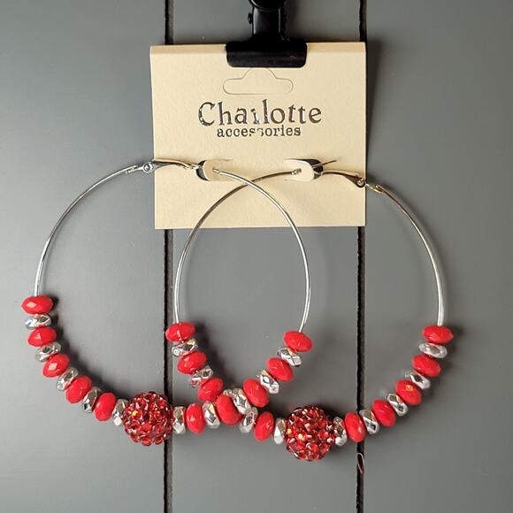 Large Red Beaded Hoop Earrings 3" Silver Tone Rhinestone Accent Pierced Holiday - Picture 4 of 7